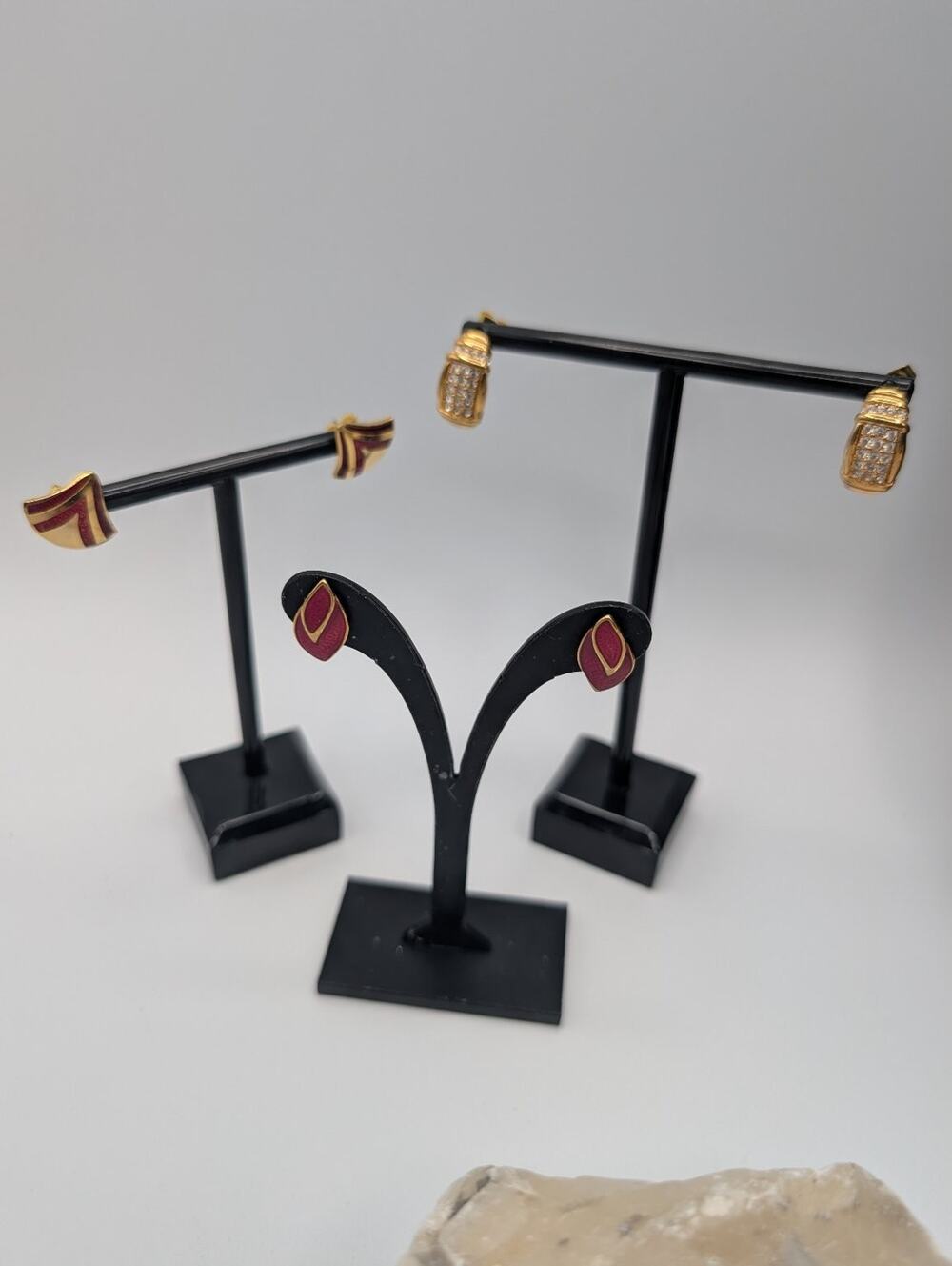 3 Pairs Vintage Gold Tone Red Enamel Rhinestone Stud Earrings Lot Fashion
